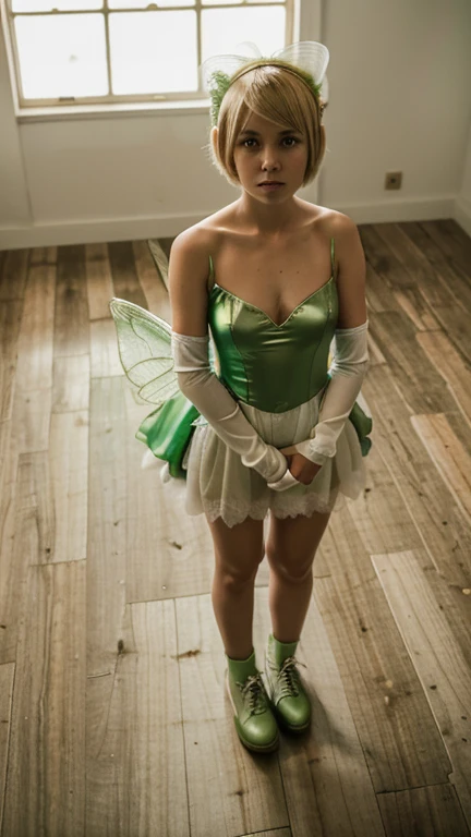A sad 18 year old girl wearing a green fairy costume with white wings standing on a hard wood floor shot from above as she looks at the camera. Blonde pixie cut. Wearing green gloves and shoes. Darkened room