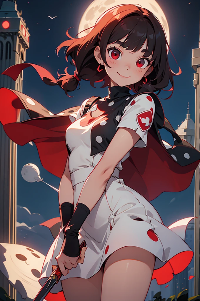 red sharp eyes, age girl, holding a knife, short white dress with black polka dots thick thighs, red eyes shining red, head tilted, short brown hair mushroom head, with a clear smile on her face, chara, two-dimensional, ie on the top of the efeil tower full moon in the background with a ray of light above your head