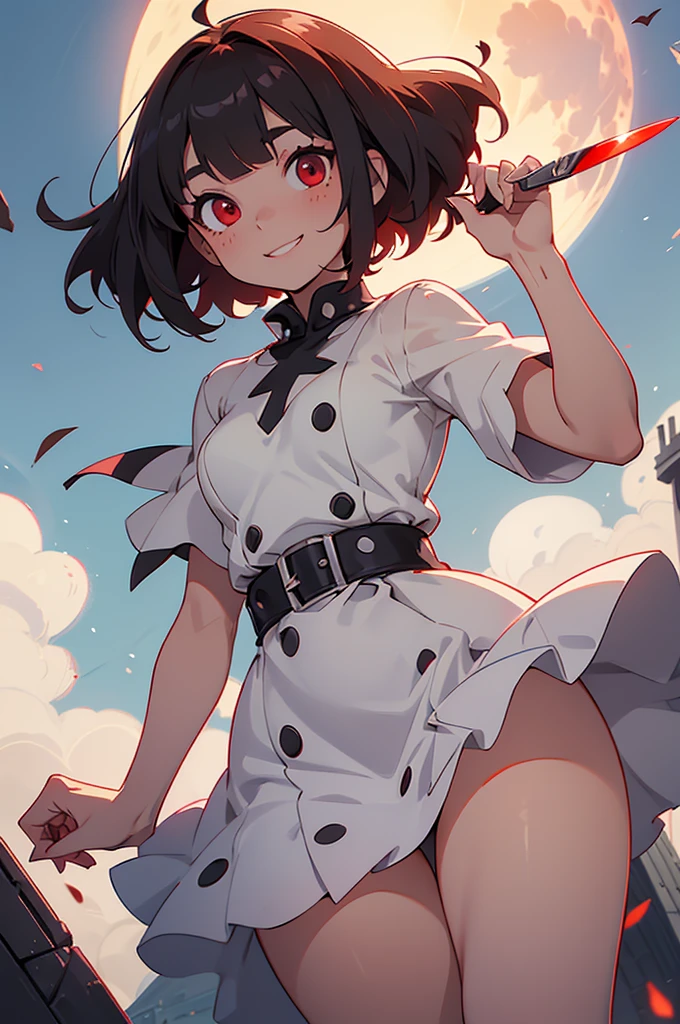 red sharp eyes, age girl, holding a knife, short white dress with black polka dots thick thighs, red eyes shining red, head tilted, short brown hair mushroom head, with a clear smile on her face, chara, two-dimensional, ie on the top of the efeil tower full moon in the background with a ray of light above your head