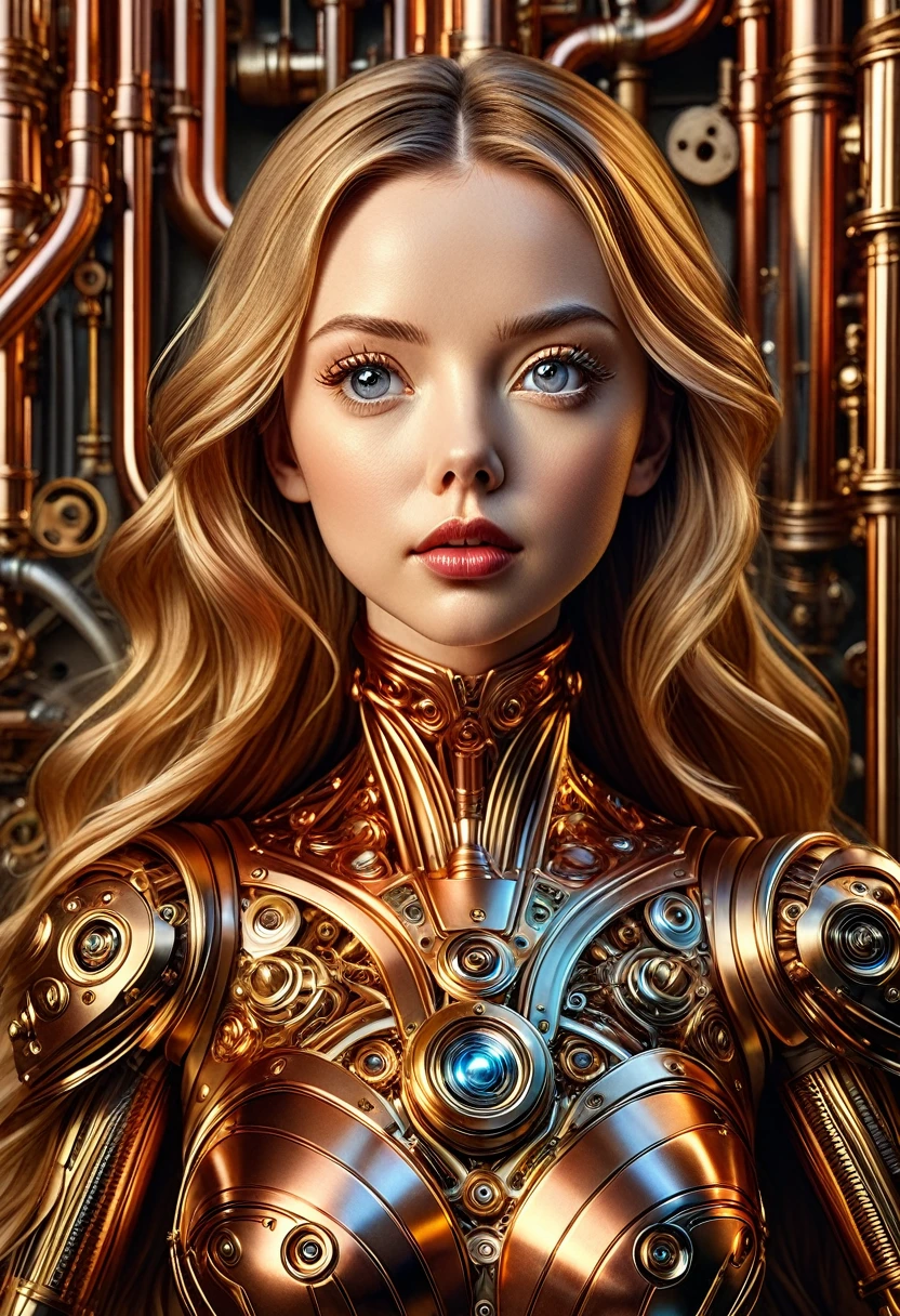 A stunning robot made of copper piping with hair made of intricate copper piping, cascading down like a metallic waterfall. She wears a dress fashioned from delicate, interwoven copper pipes, glinting under the light. Her visage is a mesmerizing blend of Alison Brie, Scarlett Johansson, and Dove Cameron, creating a unique, symmetrical face that exudes elegance and grace. The entire scene is rendered in photorealistic quality, capturing every fine detail with stunning clarity. The overall artwork is a masterpiece, presented in 8K high resolution, showcasing the top-quality craftsmanship and artistic vision.