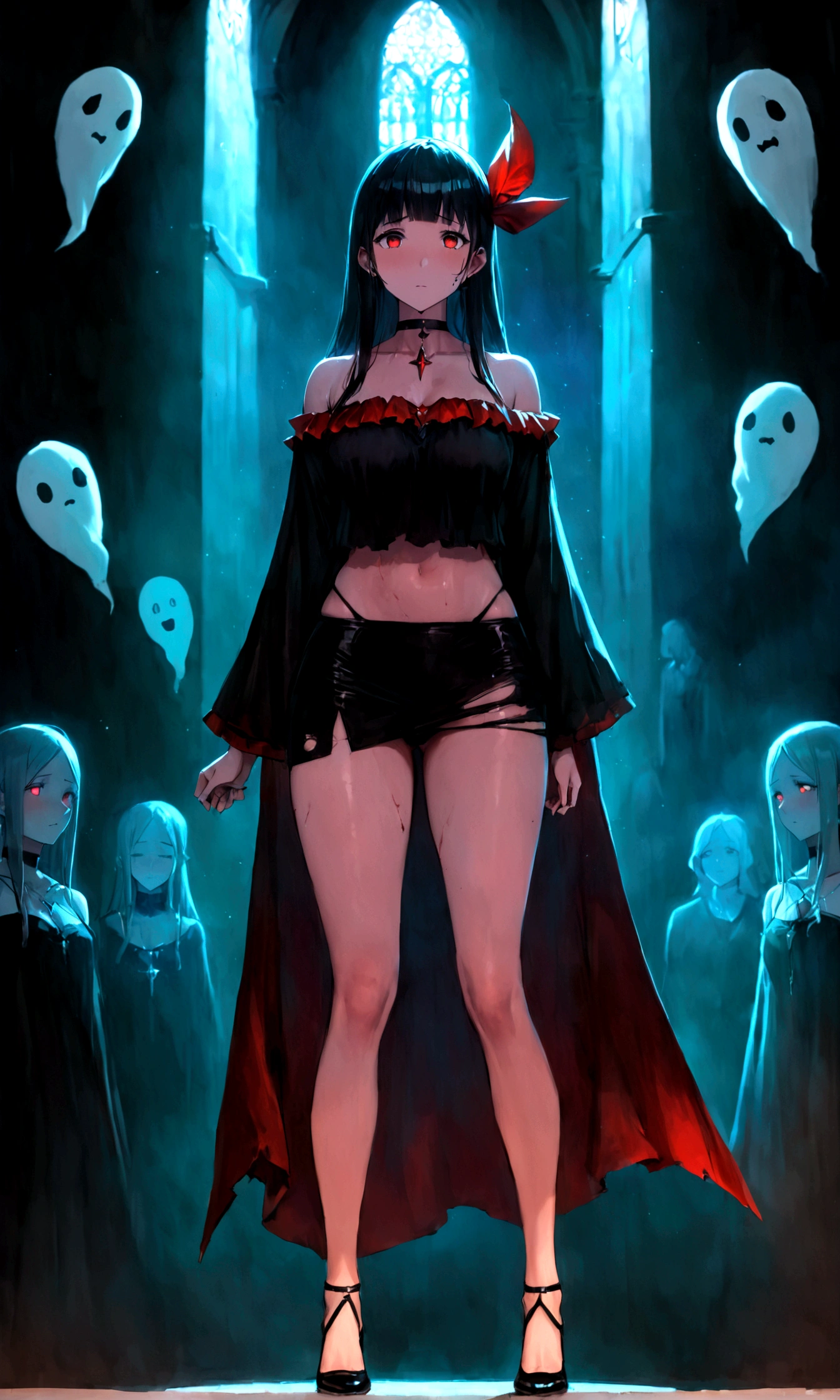 Sexy photo of the most beautiful work of art in the world, illustration, cinematic light, Fancy, high resolution, Superior quality, ultra detailed, Best Quality, Masterpiece, (detailed face), sexy mature woman with shirt and full body (torn) (transparent galaxy) screen shelter, floating fabric, meat , choker, bright (Fancy criminal para personas mayores) Forest plants with neon details, shoulders abiertos, pequeña mariposa bright, with a broken witch hat (focus on the body: 1,25 ), evening, small mutated animals in the background, torn miniskirt, a potion on the hip, shoulders, radiating magical energy, Camel leg, darkness, light reflection, ((32 year old woman)) , black underwear,(with sexy legs )、(journey)、(supine)、Head with long black hair,love game,Forced orgasm,squirt, ecstasy, I play with the urethra, ((women's casual clothing ),(high quality, realist, ultra detailed),blood mage ,dark and gloomy magical atmosphere,old church with biblical windows,beautiful woman with piercing red eyes,1woman surrounded by ethereal spirits and followers,((cult queen)),darkness eterna y profunda,penitent ghosts,group of humanoid spirits