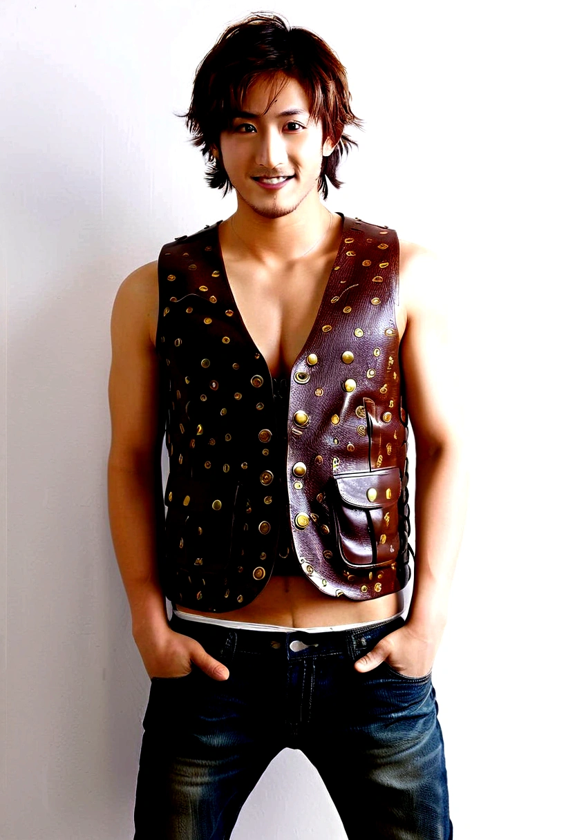 Cinematic soft lighting、Illuminates ultra-realistic handsome Japan male models with stunning details，Wear only one vest，Full body photo of the front，handsome appearance，Messy short brown hair，Clear honey eyes，Charming perfect smile，Raised sexy，Hotman，Insanely handsome，Here is the trend of art stations。Octane、It's the perfect tool to capture the softest details of this 16k photography masterpiece。
