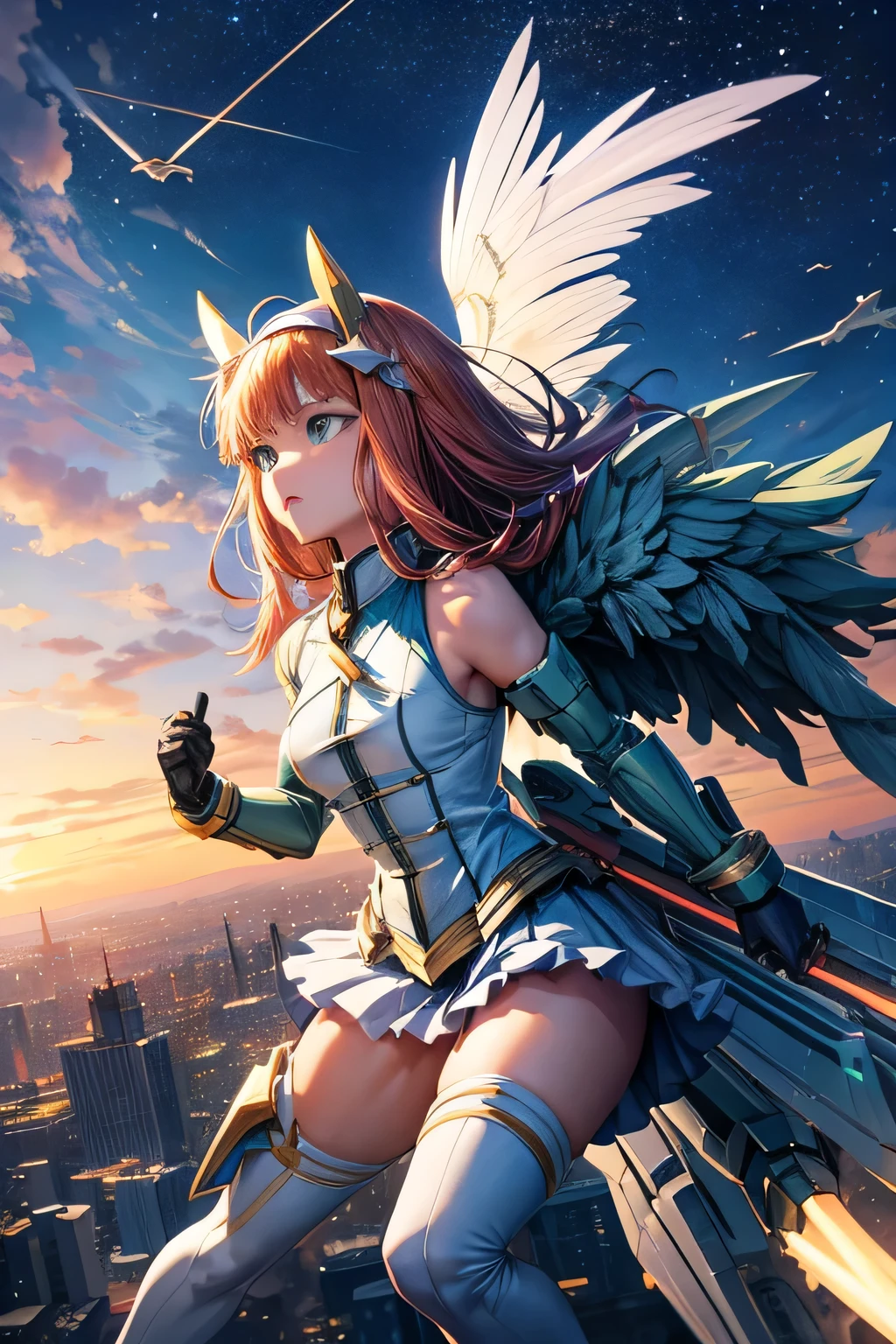 Anime girl with wings in a futuristic setting, Female Action Anime Girl, (Mecha Wings), female action anime, (fighting stance),
