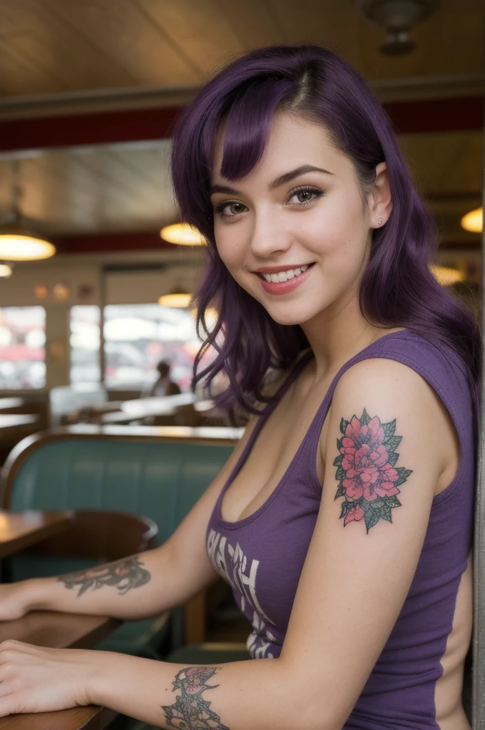 street photography photo of a young woman with purple hair, smile, happy, full body nudist, tattoos on her arms, sitting in a 50s diner