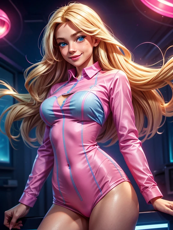 a woman, long blonde hair, blue eyes, (wearing a pink and blue long sleeve shirt), smiling, happy, cheerful, high definition, Ultra Quality hair, Ultra Quality face, Ultra Quality image, cinematic lights,,(medium breasts),,sensual pose.



