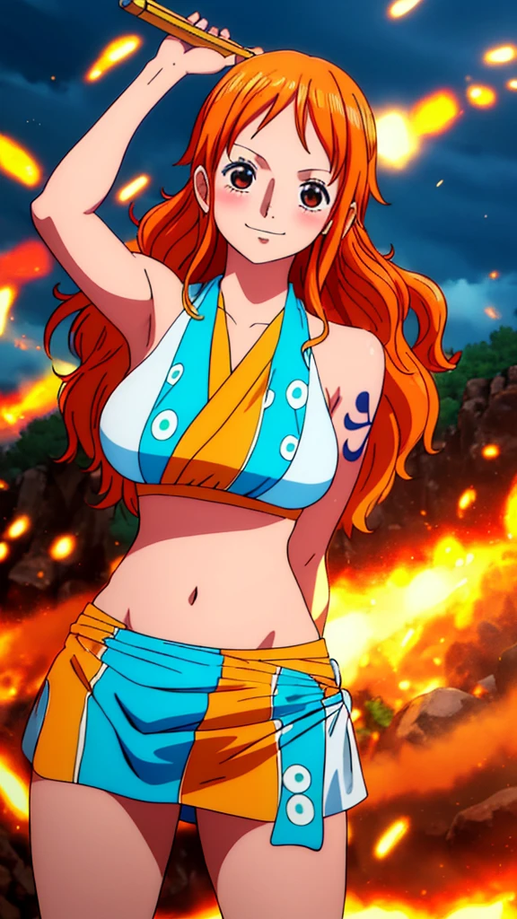Generate a realistic anime-style image of Nami from One Piece. Capture her distinctive look with orange hair, a shirt, and a cheerful expression. Make sure the picture reflects your adventurous and confident personality as shown in the anime.., whole body, Wide plane , NSFW, Curvy athletic body, Island background,bra top, Skirt, orange eyes, orange eyes, armpits , ass .