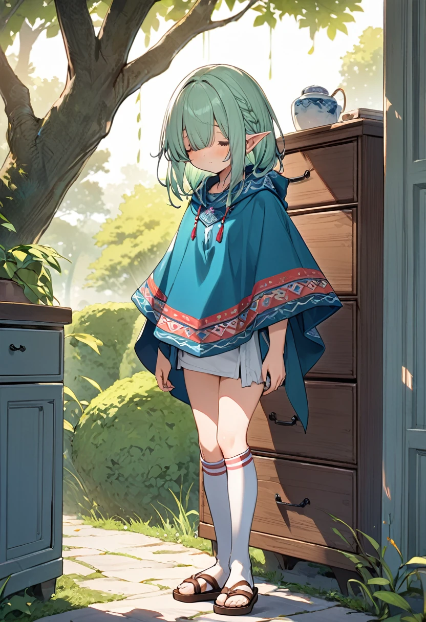 BREAK Perfect Anatomy、(High resolution:1.2)、Incredible illustrations、(Cute illustrations:1.2)、(Beautiful background(bushes in the park)) 1little girl((multicolored hair,((bangs over eyes)), ,)1girl((a girl,elf 1.5meters, 25kg,18 years old female, ((tunic,poncho,drawer,asymmetric thigh-high socks, sandals),tilting head(dress lift,panties)