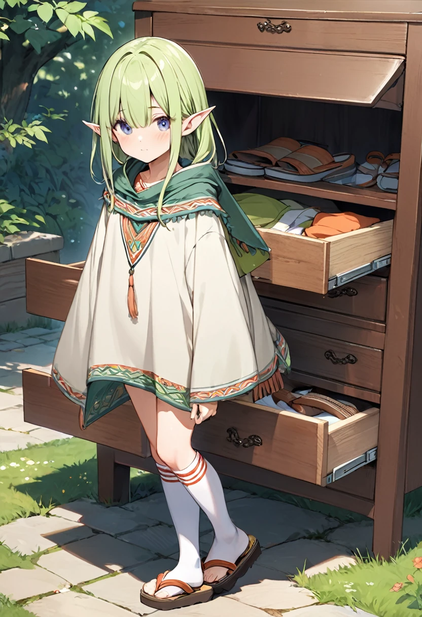 BREAK Perfect Anatomy、(High resolution:1.2)、Incredible illustrations、(Cute illustrations:1.2)、(Beautiful background(bushes in the park)) 1little girl((multicolored hair,((bangs over eyes)), ,)1girl((a girl,elf 1.5meters, 25kg,18 years old female, ((tunic,poncho,drawer,asymmetric thigh-high socks, sandals),tilting head