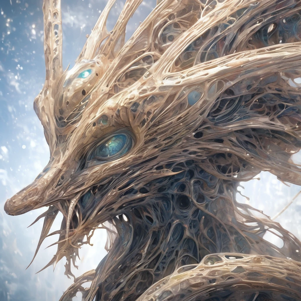 Close-up of the creature, revealing intricate, alien-like patterns and structures within its translucent body