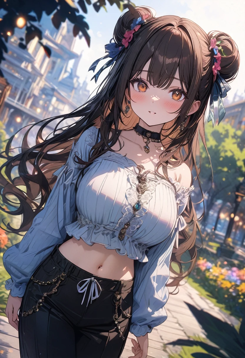 (masterpiece), best quality, very aesthetic, newest, absurdres, detailed, high quality
BREAK
highest quality, top quality, details, highres, ultra fine painting, digital art, official art, cinematic, 4k, 8k resolution, 8K CG wallpaper, CG, original artwork, detailed background, colorful background, blue atmosphere, High Dynamic Range, blurry background, blue hour, Starburst effects, crepuscular rays, good ISO, high resolution, wide shot, from far away, RAW photo, POV, sharp focus, light reflection, reflections, intricate details, soft light, particle noise, professional photography, bokeh, depth of field, natural lighting, vibrant colors, looking away, detailed lights and shadows, stylish, ultra-detailed, top rated on Pixiv, trending on Artstation, niji style, modern-days, master crafted, pose
BREAK
solo, (close up), 1girl, pale skin, correct fingers, detailed hand, (big breasts:1.2), big thighs, small torso, short body, flushtered, blush, anxious expression, embarassed, embarassed act, casual, slim, ((cute, childlike face):1.3), nice body, brown hair, (very long flowing hair), (big 2 buns hairstyle)), long bangs, long hair, middle hair bangs, brown eyes
BREAK
(white loose-fitting crop shirt, long sleeve, shorts sweatpants, choker, casual wear style, detailed tummy, belly button, modern fashion)
BREAK
tranquil park scene, The park features lush, green grass, a variety of trees in different shapes and sizes, and a serene pond reflecting the sky. Scattered benches and winding pathways invite visitors to stroll and relax. Include a vibrant flower garden with a mix of colorful blooms.