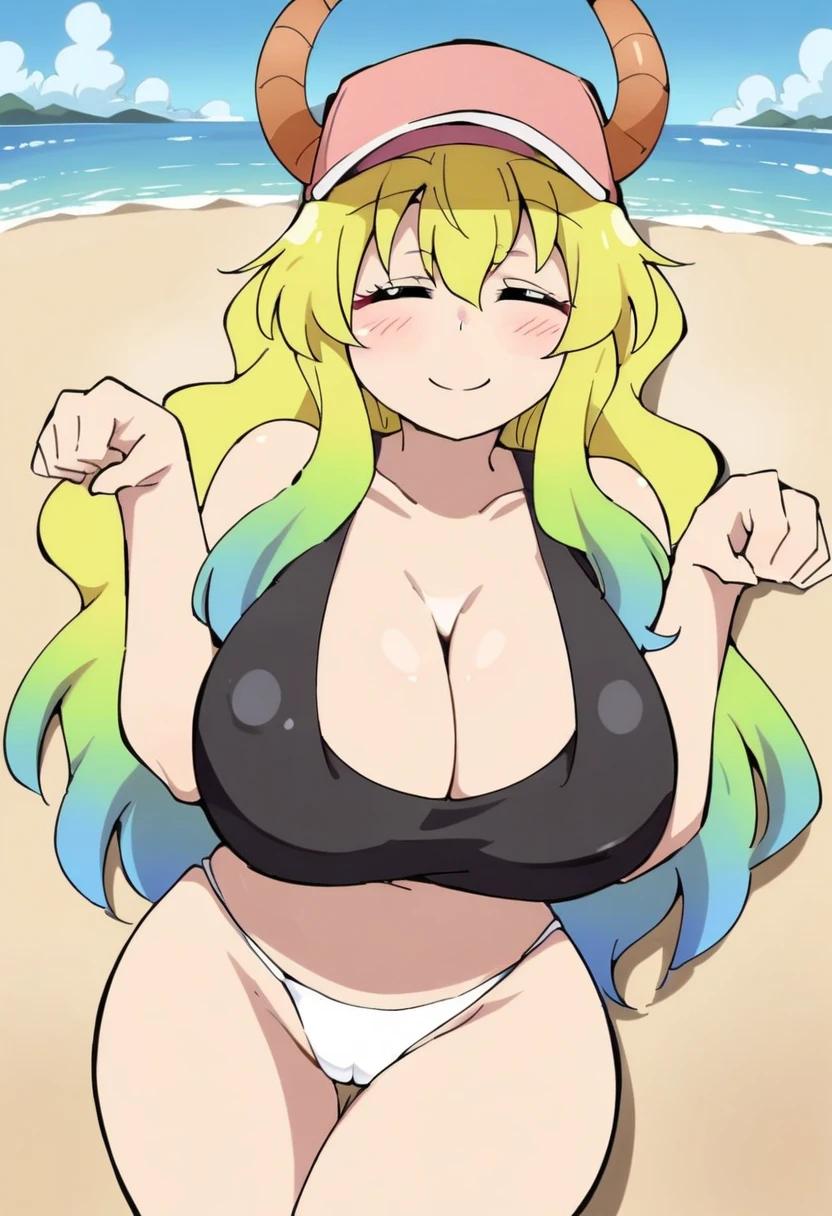 anime art style, 2d, masterpiece, best quality, very aesthetic, absurdres, dynamic shadows, atmosferic, lucoa_md, (1girl), (blonde hair), long hair, (gradient hair), green hair, blue hair, closed eyes, ahoge, hair between eyes, bangs, big breasts, cleavage, curvy body, collarbone, makeup, blush, (sexy smile), horns, hat, pink baseball cap, black crop top, white thong, sexy smile, cowboy shot, paw pose, beach, clouds, sky