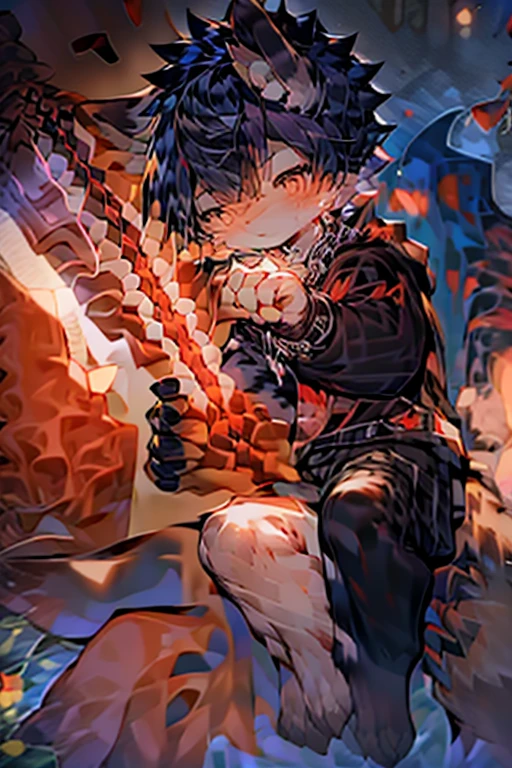 A black and red wolf Fury，Wearing a black cloak，On his back is a giant sword，Wearing a blood drop necklace