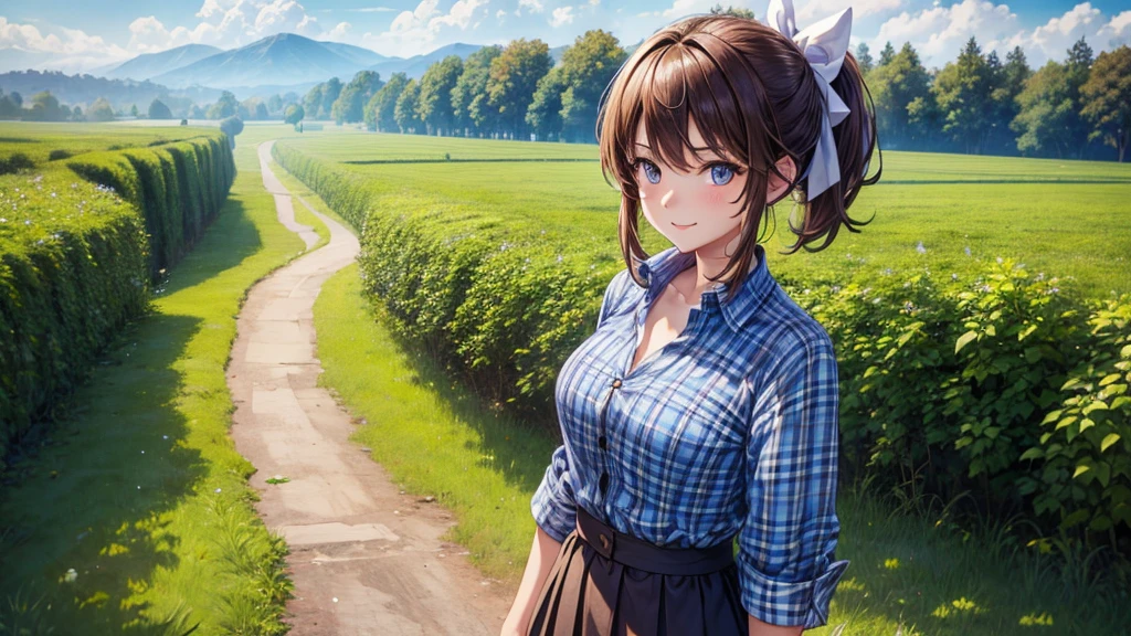 1girl, solo, full body, rural landscape, village, trees, sun, clouds, fantasy, brown hair, ponytail, large breasts, button down shirt, ((blue checked shirt)), ((short sleeved shirt)), ((unbuttoned shirt)), unbuttoning buttons, cleavage 1:3, shirt tied under chest, belly, blue eyes, dark skirt, smile, looking at the viewer, standing, hair ribbon, golden necklate