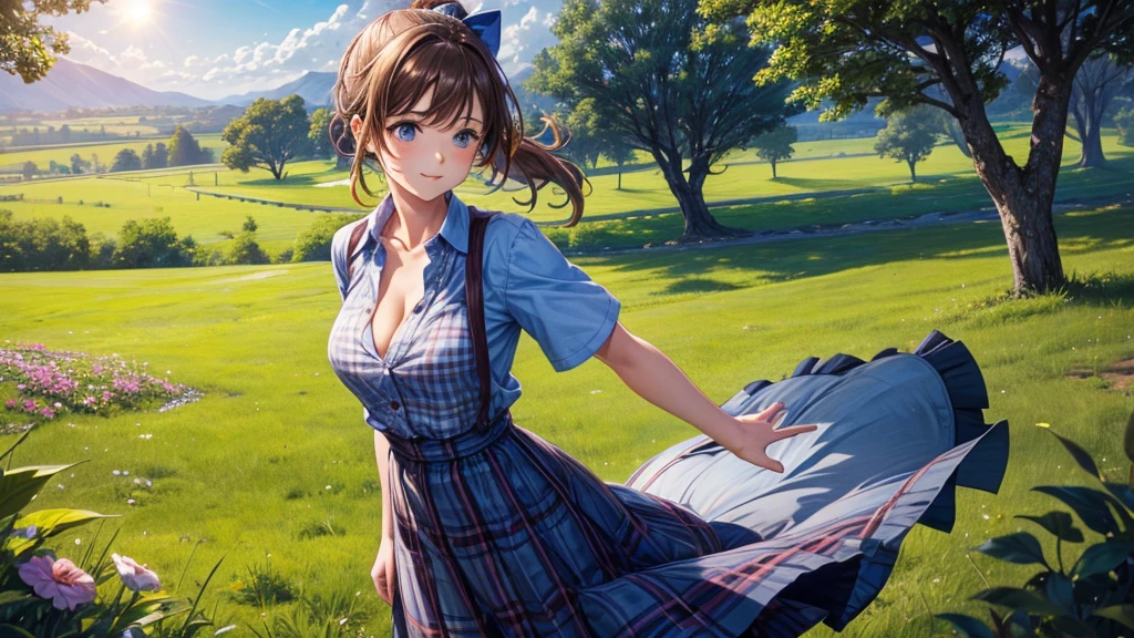 1girl, solo, full body, rural landscape, village, trees, sun, clouds, fantasy, brown hair, ponytail, large breasts, button down shirt, ((blue checked shirt)), ((short sleeved shirt)), ((unbuttoned shirt)), unbuttoning buttons, cleavage 1:3, shirt tied under chest, belly, blue eyes, dark skirt, smile, looking at the viewer, standing, hair ribbon, golden necklate