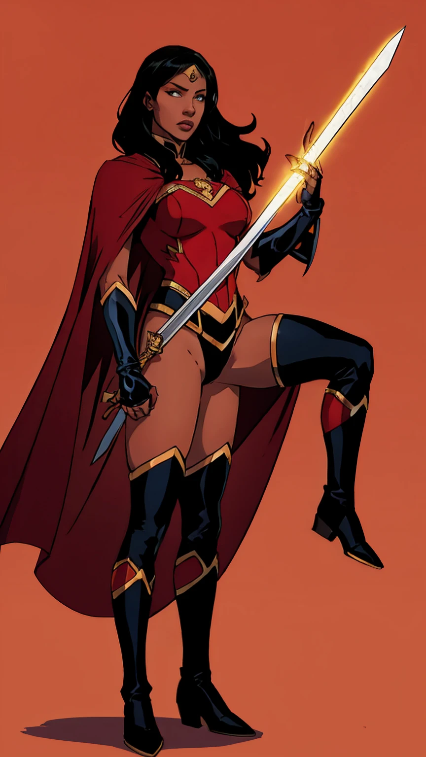 (((full body photo)))Yara_Flor, 1girl, solo, long hair, looking at viewer, simple background, black hair, thighhighs, holding, weapon, boots, sword, dark skin, cape, holding weapon, armor, leotard, dark-skinned female, lips, holding sword, tiara, red background, red cape,