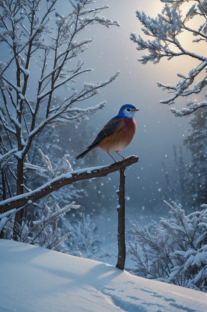 (best quality, 8k, high resolution, masterpiece:1.2), super detail, HDR, UHD, studio lighting, super smooth painting, sharp focus, physically based rendering, extreme depiction amazingly detailed, professional, vivid colors, bokeh, portrait, concept artist, warm color palette, dramatic lighting, no people, steam, snow piled up around it, detailed snow scene, rising steam. a glass bird, standing on a branch