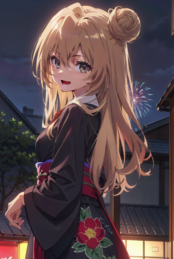 taiga aisaka, taiga aisaka, Long Hair, Brown Hair, Brown eyes,happy smile, smile, Open your mouth,Squint your eyes,Hair Bun, single Hair Bun,Black kimono,Thick sleeves,日本のfestival,夏festivalの屋台,Red lantern,night,night空の花火,Fireworks,The place is a fireworks display,時間はnightです,sunny day,turn around,As if your whole body is in the illustration,Walking, break looking at viewer, Upper Body, (Cowboy Shot:1. 5),
break outdoors, festival,shrine,
break (masterpiece:1.2), Highest quality, High resolution, unity 8k wallpaper, (shape:0.8), (Beautiful attention to detail:1.6), Highly detailed face, Perfect lighting, Highly detailed CG, (Perfect hands, Perfect Anatomy),
