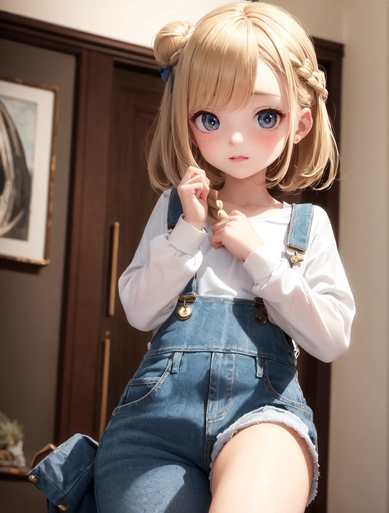 ((best qualityer)), ((work of art)), (detailded), 1 white girl, transparent white blouse, Light brown bun hair, com a braid, and with a white bow, denim overalls, Youngh, blue colored eyes, a braid, rosy cheeks, shy, clear eyes 