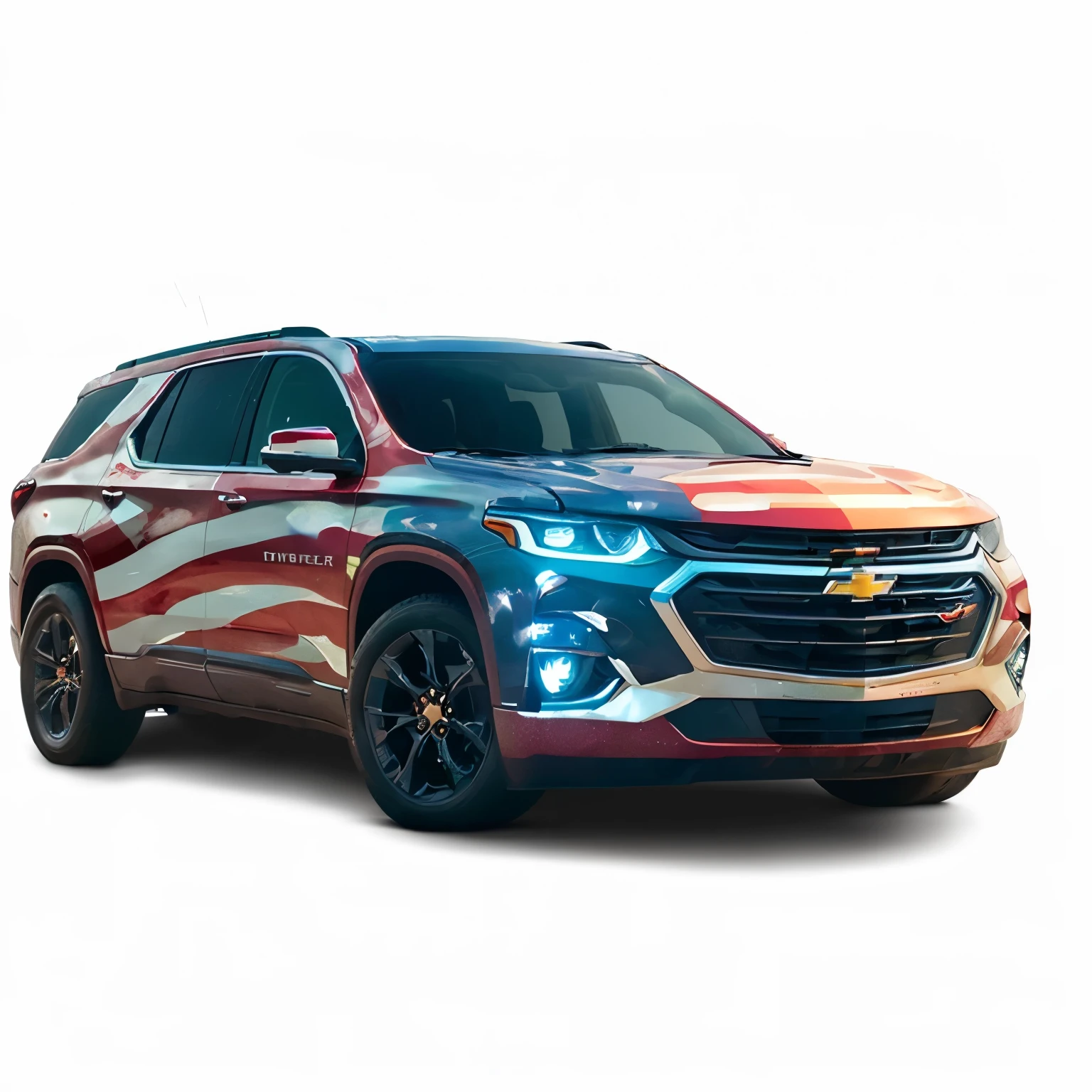 Imagine a 2022 Chevrolet Traverse in a stadium full of excitement. The stadium lights illuminate the shiny body of the vehicle, and the colors of the flags of Argentina and Canada fly in the stands. The players are on the field, ready for the exciting match of the Copa América 2024. The atmosphere is electric, and the SUV represents passion and competition in this sporting event.