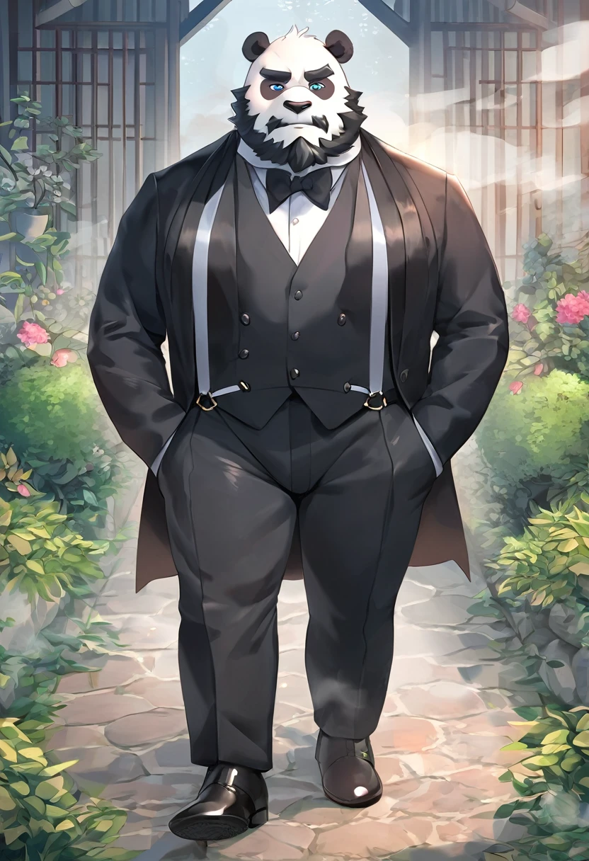 panda,personification,Mature male,Strong Man,Black beard,Kind expression,Blue pupils,Black eyebrows,Sling,Black suit suit,Hands in pockets,The Age of Steam,garden。