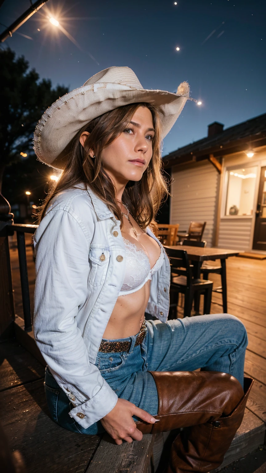 (masterpiece), (photorealistic1.4), (epiCRealLife),( Jennifer Aniston, Cowboy outfit), (Jennifer Aniston wearing Bra top), (white bra top), (4k), (cowboy style), (denim jacket), (sks woman), (cowboy fashion out), (large breasts bra), (cowboy hats), (epiCFlashPhoto) ,(flashphoto), (flash photography), (outdoor), (at night), (starry sky),(spotlight), (night view), (pose for pictures), (in a western small town), ), (look at viewers), (sitting on steps), (front porch), (from side), (cowboy boots)