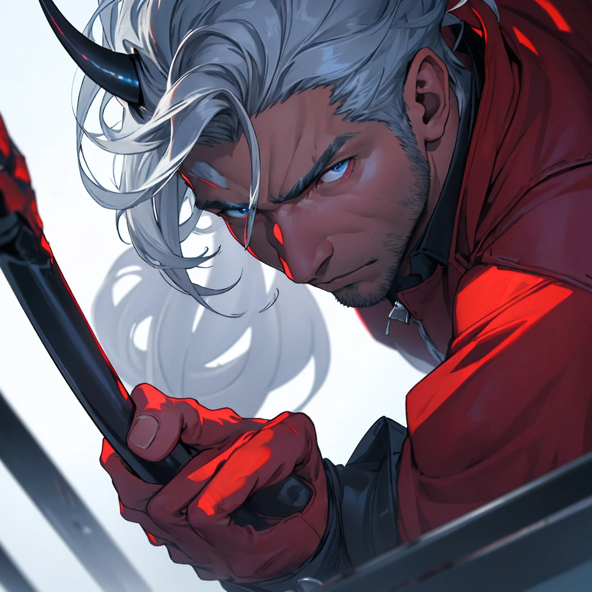 work of art,best qualityer,high resolution,cinematic lighting,dramatic angle, demon, naughty man, silver-haired, with 2 horns, young-looking red skin, sad and severe look, he wears blue noble clothes