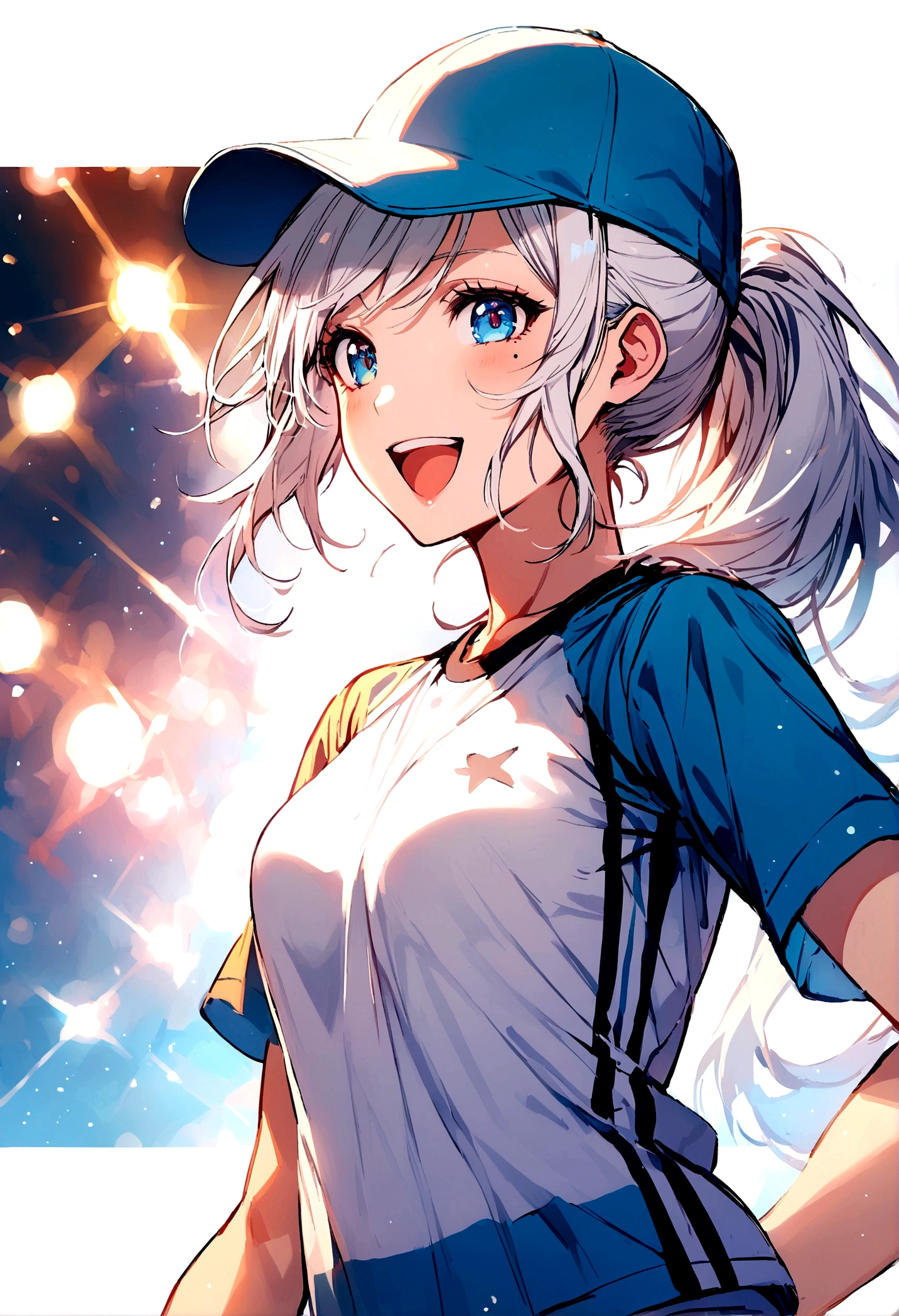 Girl, white hair, blue eyes, ponytail the flares out, hat, mole next to left eye, mole next to right eye, sports shirt, happy and energetic, slightly toned body