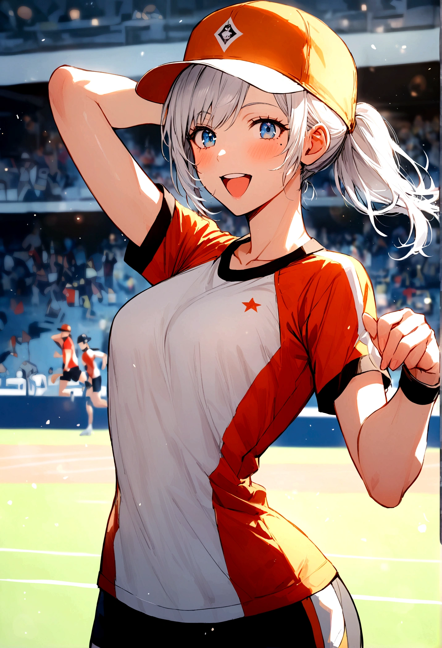 Girl, white hair, blue eyes, ponytail the flares out, hat, mole next to left eye, mole next to right eye, sports shirt, happy and energetic, slightly toned body