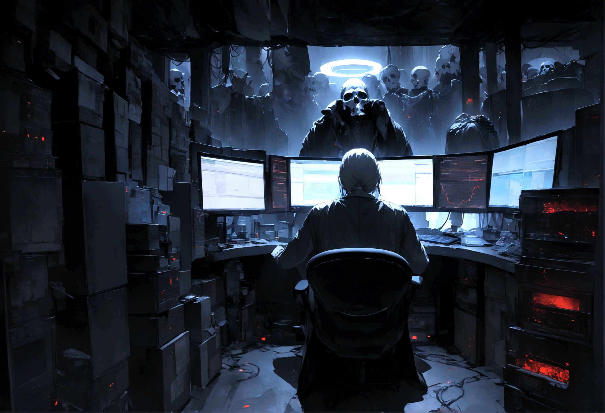"An evil skull day trader sitting in front of several computers trading in the financial market on the mt5 platform, high quality image. Add the text to the image "Eder Santo Professional trader investments the terror in the financial market"