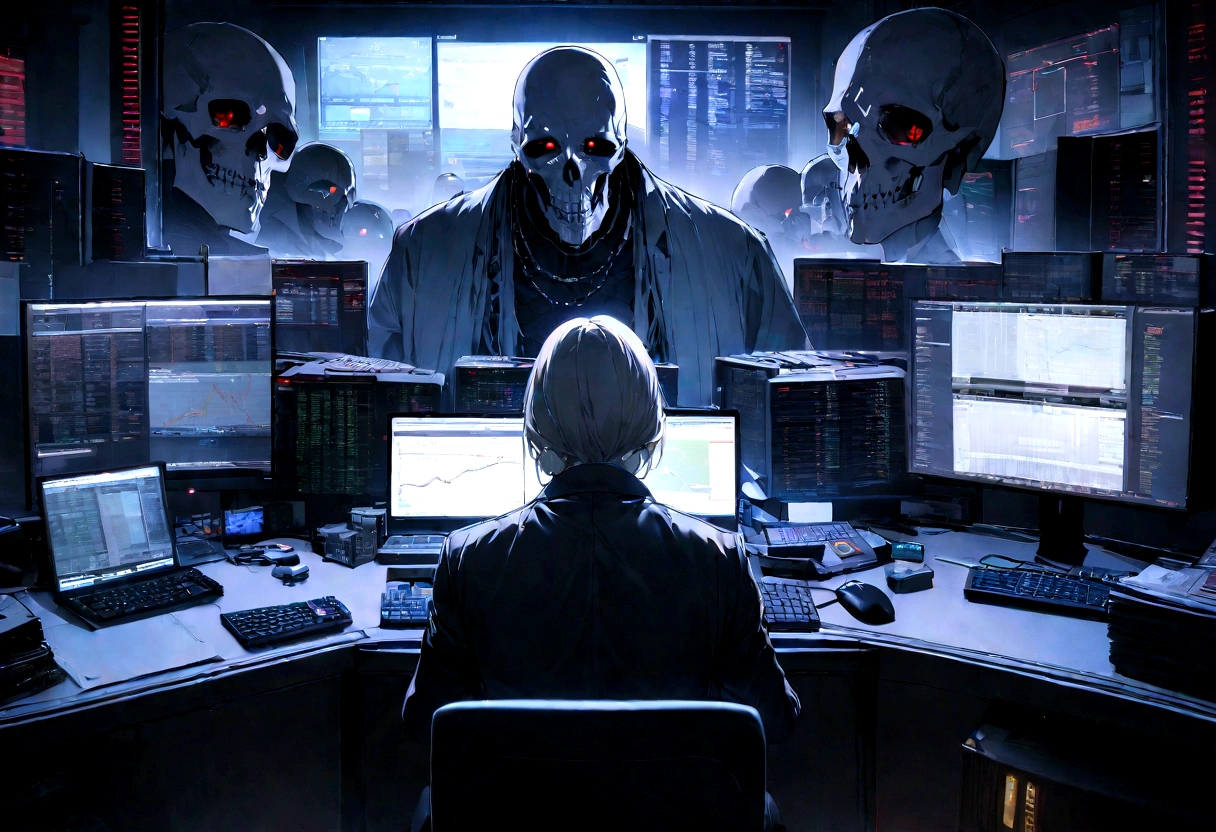 "An evil skull day trader sitting in front of several computers trading in the financial market on the mt5 platform, high quality image. Add the text to the image "Eder Santo Professional trader investments the terror in the financial market"