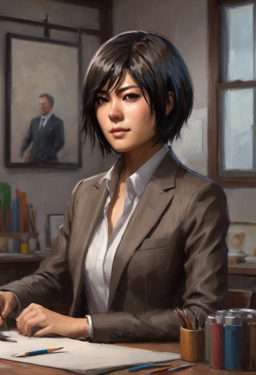 portrait of mikasa ackerman in a suit in an art studio, concept art, digital art, illustration, artstation, high detail, sharp focus, 8k