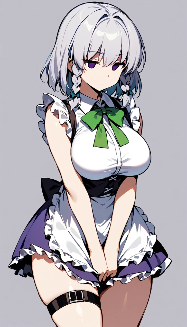 masterpiece, best quality, 1girl, solo, (adult proportions), sakuya izayoi, touhou, silver hair, medium hair, 2 front braids, green bows, purple eyes, solid eyes, white shirt, french maid outfit, leg belts, large breasts, standing, v arms, no background