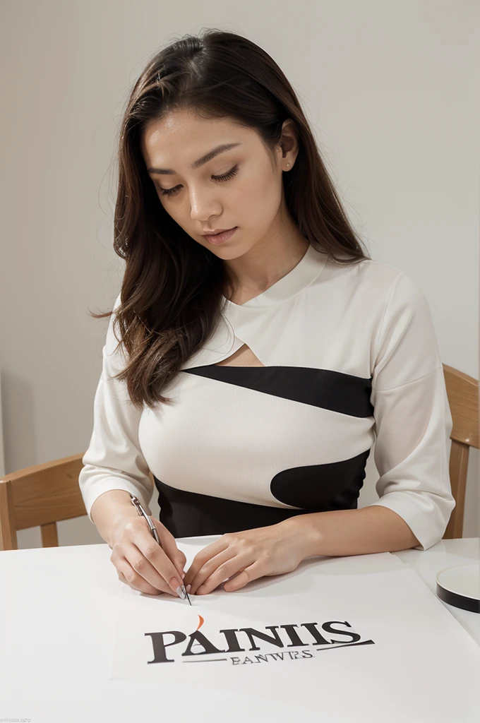 *The photo shows a logo design with the text "PAIVIC" in an elegant and modern font, accompanied by curved and geometric lines that create a harmonious and unique design.* *Tomiko carefully observes the details of the logo and evaluates if it meets her expectations.*