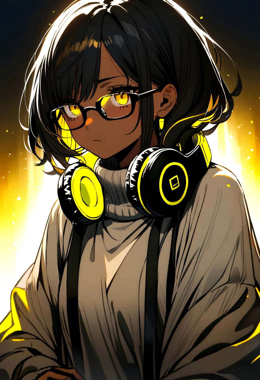 Girl, black hair blonde highlights, brown skin, black square glasses, tired look with eye bags, dead yellow eyes, baggy clothes, big light grey sweater, headphones around neck