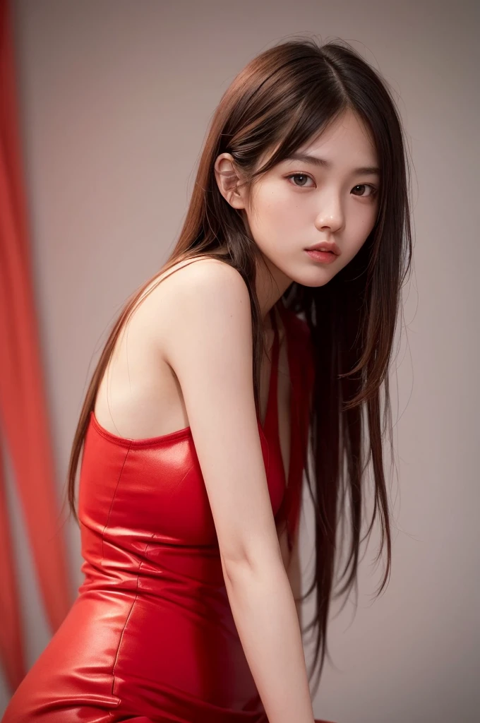 20 year old girl, sexy model, red theme, long hair, high contrast (Natural skin texture, Hyperrealism, Soft Light, sharp), portrait, standing, asian girl, perfect figure