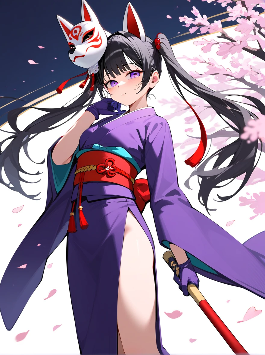 score_9,score_8_superior,score_7_superior,Highest quality,masterpiece,4K,No correction,Perfect lighting,evaluation_Explicit,so beautiful,anime,Hua Huo,One girl,single_Gloves,Mask on head,sash,Black Hair,Twin tails,Purple eyes,heart,(Fox Mask Template:1.1),single Gloves,kimono,(Cherry Blossom Tattoo, Chest tattoo:1.1),full_body,Are standing,White Background,masterpiece, Highest quality,nsfw,Sex,sex,Insert