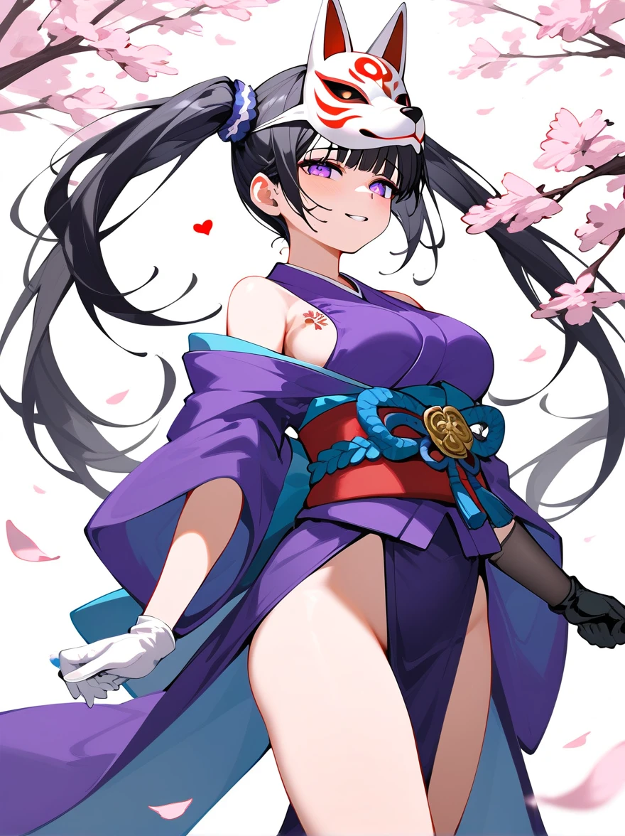 score_9,score_8_superior,score_7_superior,Highest quality,masterpiece,4K,No correction,Perfect lighting,evaluation_Explicit,so beautiful,anime,Hua Huo,One girl,single_Gloves,Mask on head,sash,Black Hair,Twin tails,Purple eyes,heart,(Fox Mask Template:1.1),single Gloves,kimono,(Cherry Blossom Tattoo, Chest tattoo:1.1),full_body,Are standing,White Background,masterpiece, Highest quality,nsfw,Sex,sex,Insert