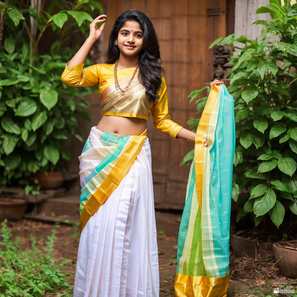 A realistic girl standing backward, background flowers, wearing Indian traditional cloths