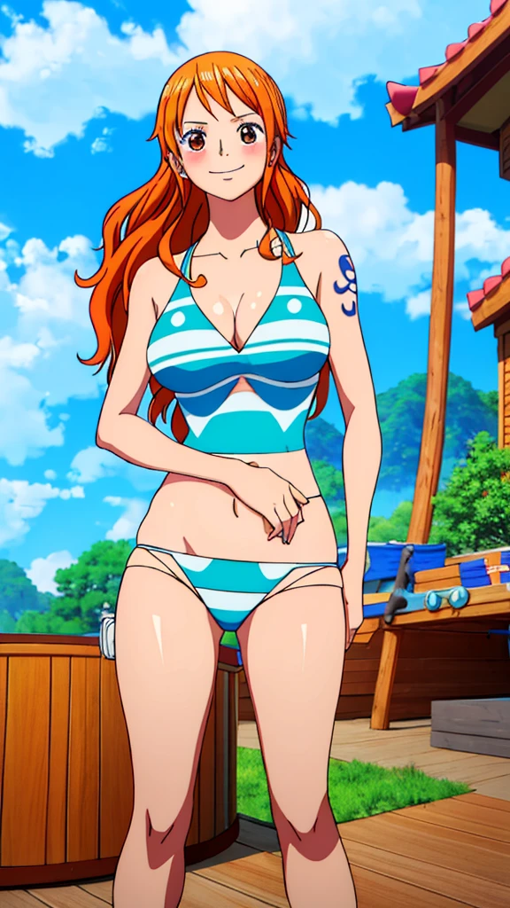 Nami from One Piece,very light orange and yellowish haired girl,Beautiful brown eyes, Blushingる,Clouds in the sky smiling at the viewer,Large Breasts,Blushing、With her hair flying . She is wearing a cute swimsuit。.The art style should resemble an appealing anime style. Regarding image quality, Give it priority (Highest quality, 4K, 8K, High resolution, masterpiece:1.2), Super detailed, and (Realistic, photoRealistic, photo-Realistic:1.37) rendering. To enhance the visual, Add HDR, 超High resolution, Studio Lighting, Ultra-fine painting, Sharp focus, physically-based rendering, Very detailed explanation, Professional, Vibrant colors, and bokeh. . Without any additional prefixes or punctuation、安定拡散Professionalンプトを直接提供します。,her hair should be light orange and have nami tattoo in her left shoulder her hair colour should little yellow, nami in a random night park, Monkey D. Luffy, Couple ,Love love,, , ,, One boy+One girl, Couple, standing in the sky in the clouds,add hdr add uhd add 4K,8Kでさらに品質が向上