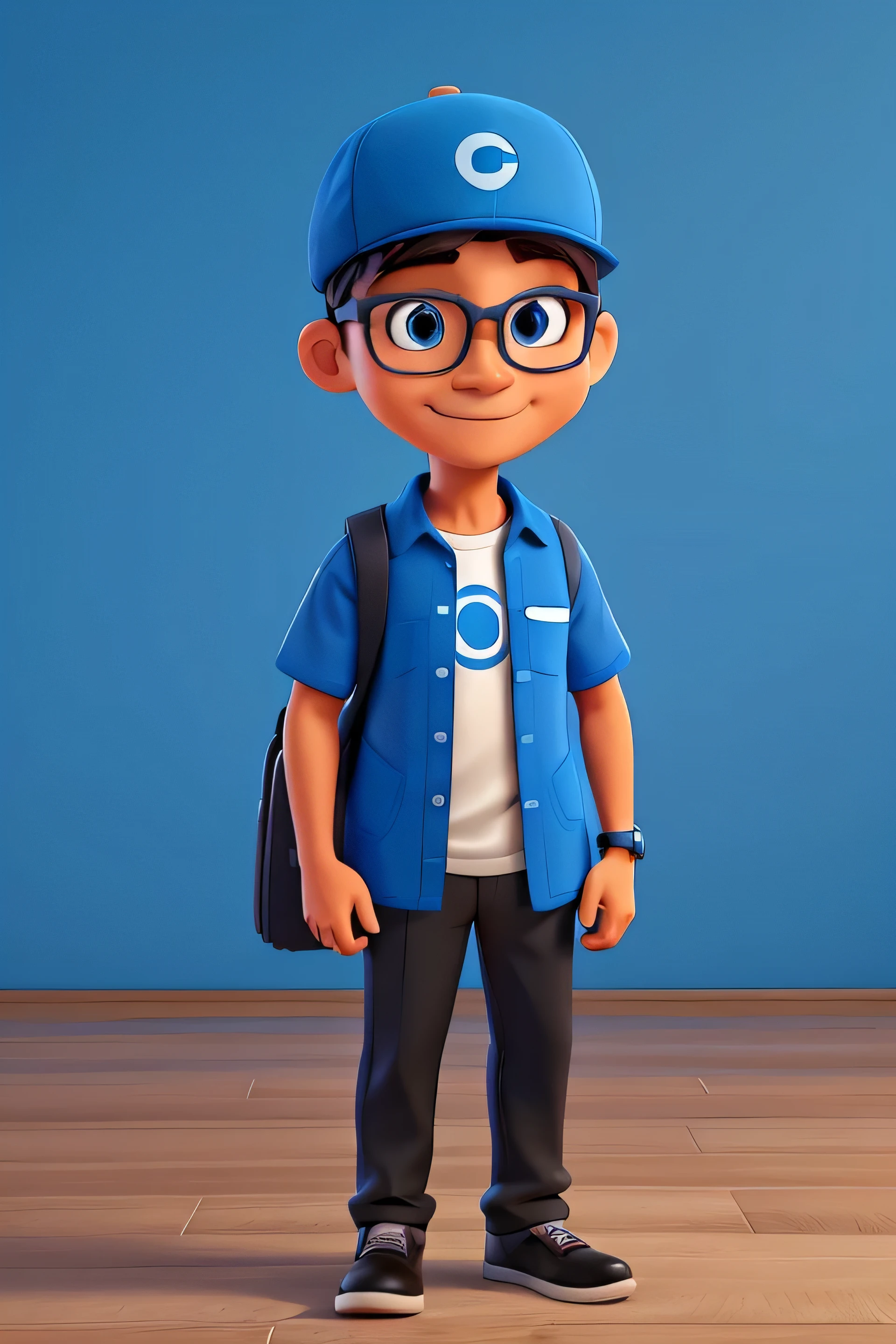 Create a friendly-looking human cartoon character wearing a blue shirt with logo printed on the chest, blue hat with logo and black pants. It should have a modern, professional style with a friendly smile. Add colorful details that represent the Guarutec brand. The character may wear glasses and have an accessory such as a laptop or phone.
INFO