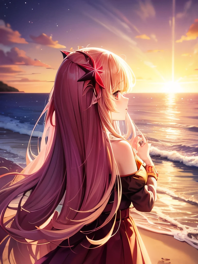 Highest quality, One girl, alone,smile, Ultra high definition, Beach,(sunset:1.1), alone, Star hair ornament, Twin Blade,Shine, From behind, Recall, huge sunset,Red float, uniform, night, wave hands, Ocean, Portraiture, masterpiece,