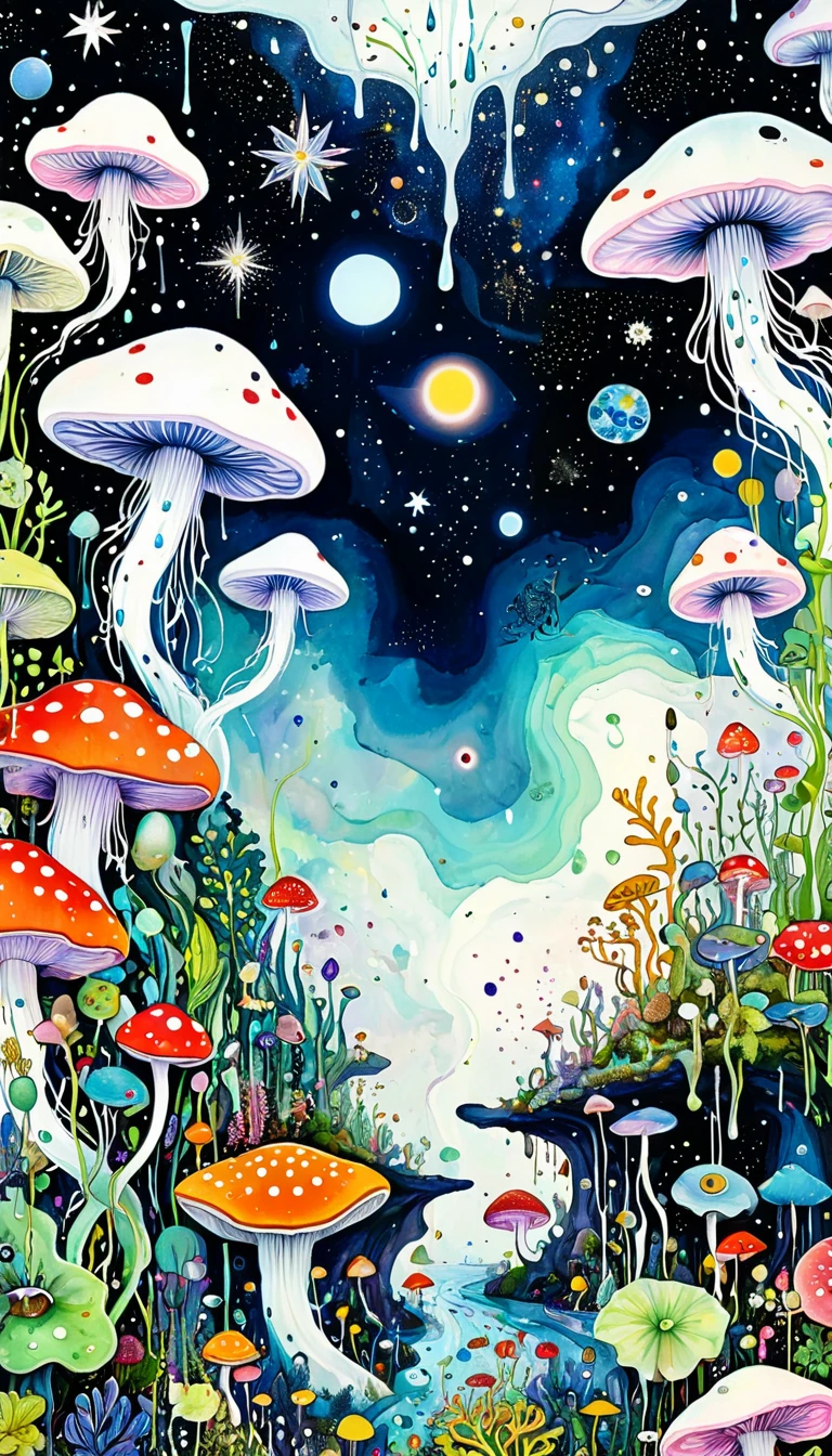 Fungi have eyes、microorganism、plant、Marine life、Tears of the eyes、Starry Sky，Stitched into an abstract painting，Describing the inner world of autistic people，Sense of space，White Space，Childish lines，Psychedelic Art