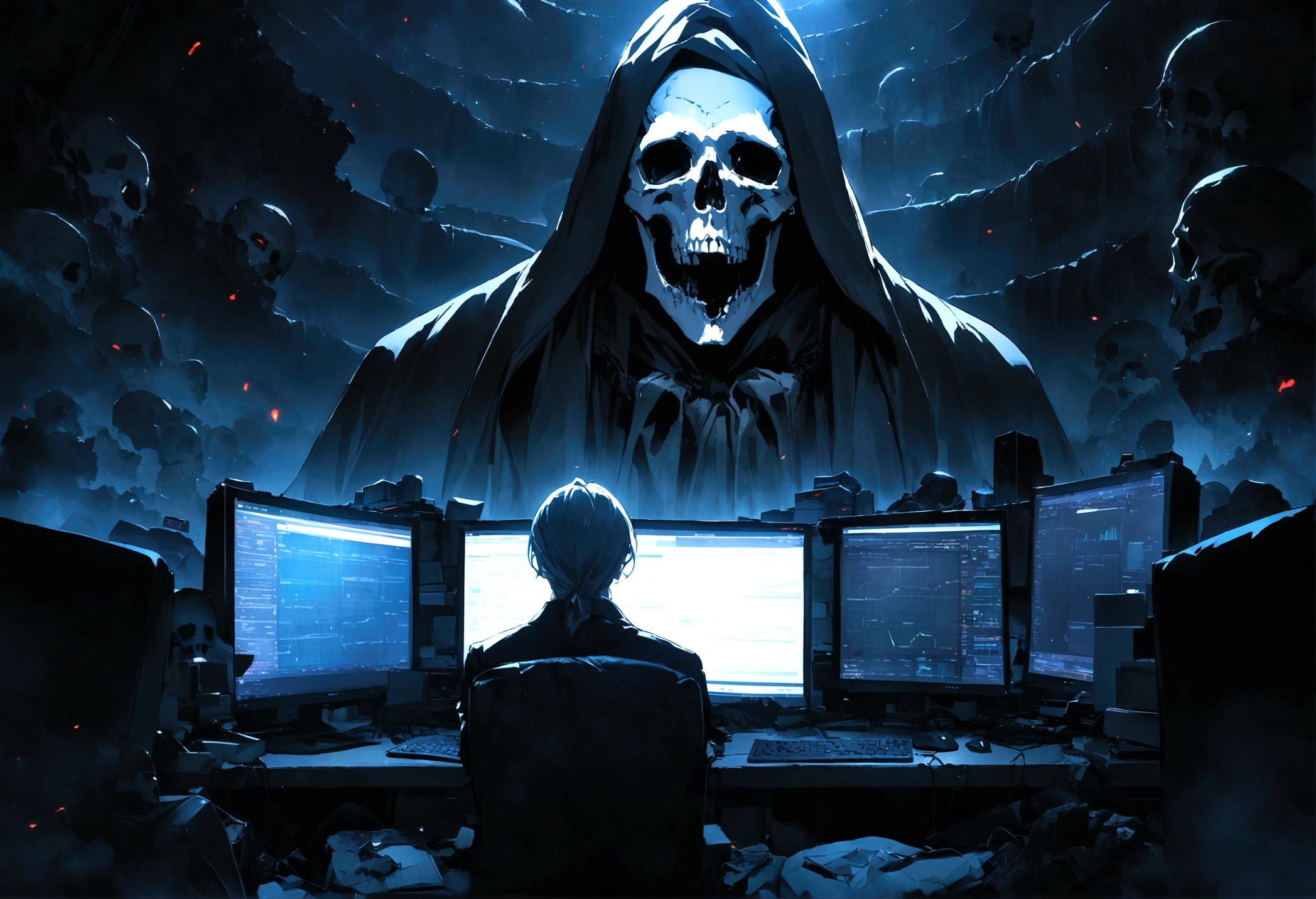 "An evil skull day trader sitting in front of several computers trading in the financial market on the mt5 platform, high quality image. Add the text to the image "Eder Santo Professional trader, the terror in the financial market"