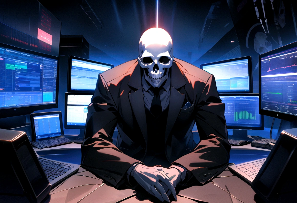 "An evil skull day trader sitting in front of several computers trading in the financial market on the mt5 platform, high quality image. Add the text to the image "Eder Santo Professional trader, the terror in the financial market"