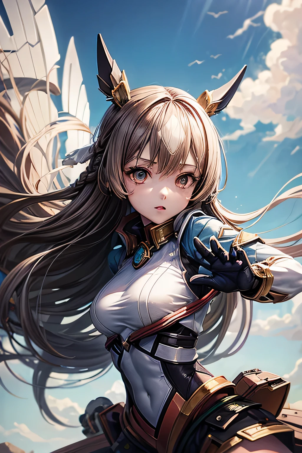 Anime girl with wings in a futuristic setting, Female Action Anime Girl, (Mecha Wings), female action anime, (fighting stance), (petite girl, face, girl,)
