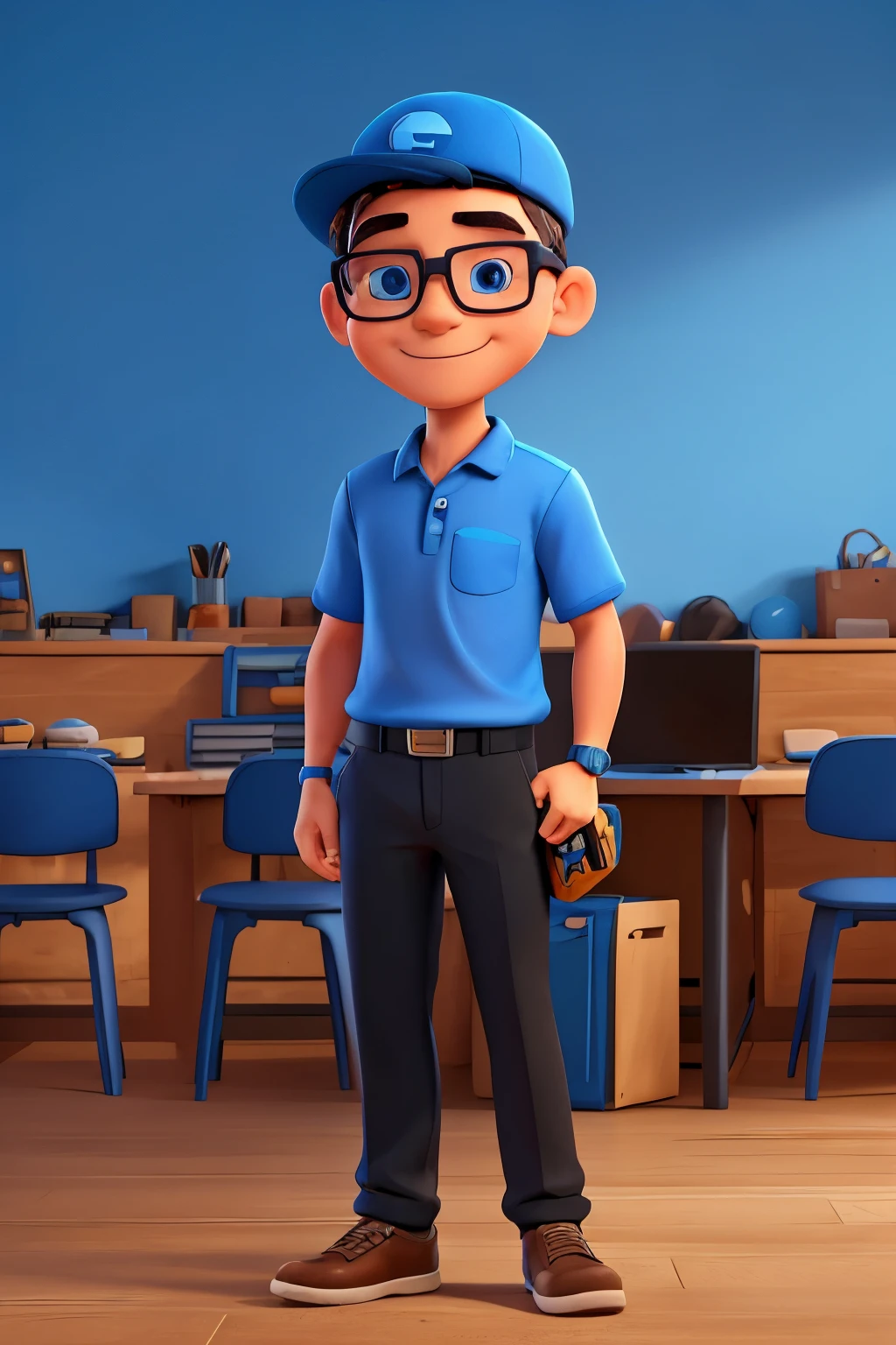 Create a friendly-looking human cartoon character wearing a blue shirt with logo printed on the chest, blue hat with logo and black pants. It should have a modern, professional style with a friendly smile. Add colorful details that represent the Guarutec brand. The character may wear glasses and have an accessory such as a laptop or phone.
INFO