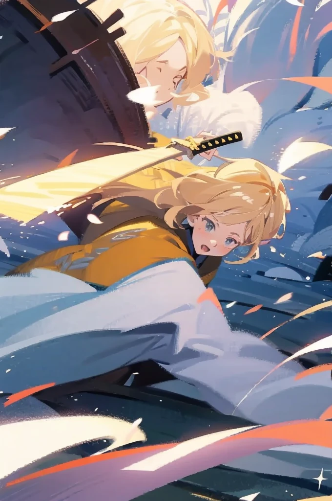 have a blonde waifu finishing an attack with a large samurai sword leaning forward and one leg forward too
