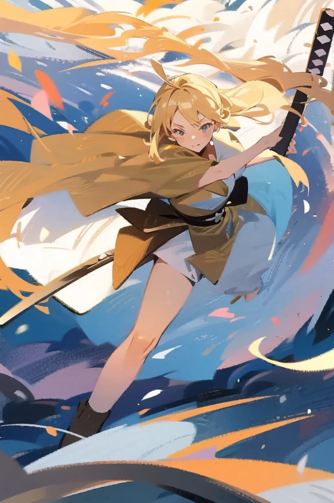 have a blonde waifu finishing an attack with a large samurai sword leaning forward and one leg forward too