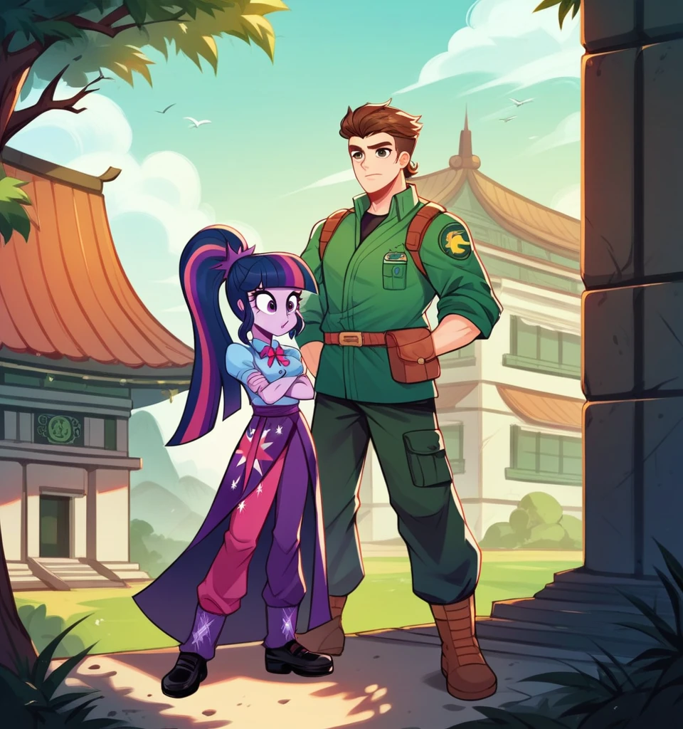 ((High Quality image)) ((Perfect Autonomy)) Twilight Sparkle and Lloyd, 1 girl and 1 boy only, Twilight Sparkle is wearing a purple Ninja suit while Lloyd is wearing his green Ninja suit, Twilight Sparkle Equestria Girls, Lloyd Lego Ninjago, full bodies, Standing, in the temple That's in Ninjago city, Twilight Sparkle and Lloyd,   cuerpo completo, high resolusion