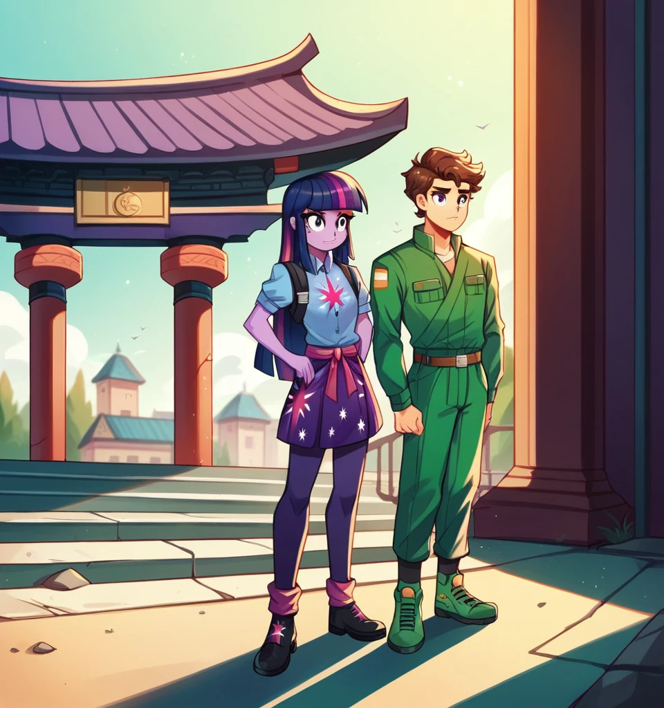 ((High Quality image)) ((Perfect Autonomy)) Twilight Sparkle and Lloyd, 1 girl and 1 boy only, Twilight Sparkle is wearing a purple Ninja suit while Lloyd is wearing his green Ninja suit, Twilight Sparkle Equestria Girls, Lloyd Lego Ninjago, full bodies, Standing, in the temple That's in Ninjago city, Twilight Sparkle and Lloyd,   cuerpo completo, high resolusion